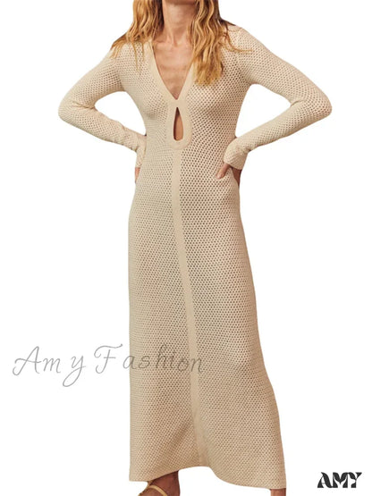 Amy Fashion - Elegant Women Knitted Sleeve Deep V Neck Front Hollow Out Solid Color Slim Beach