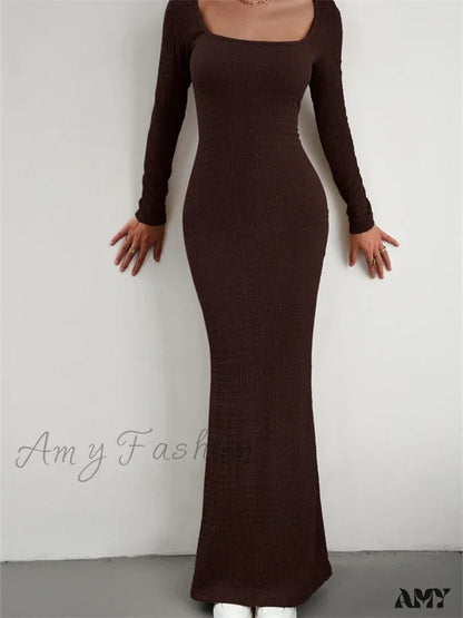 Amy Fashion - Elegant Women Knitted Sleeve Square Neck Solid Slim Fit Spring Autumn Cocktail Female