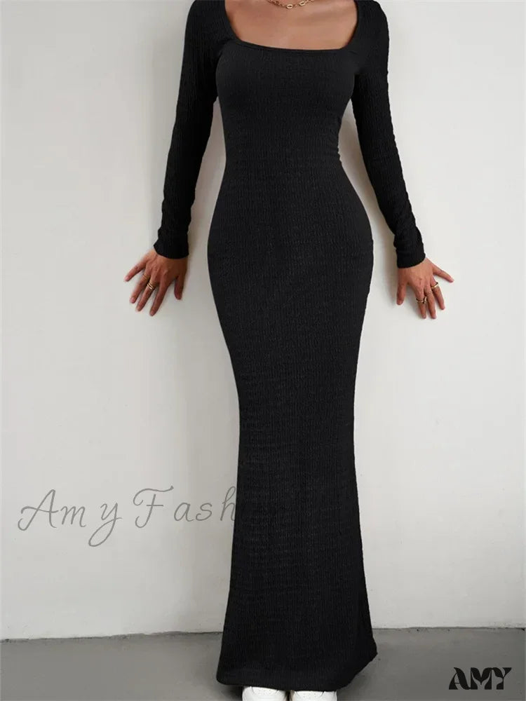 Amy Fashion - Elegant Women Knitted Sleeve Square Neck Solid Slim Fit Spring Autumn Cocktail Female