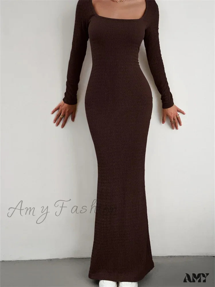 Amy Fashion - Elegant Women Knitted Sleeve Square Neck Solid Slim Fit Spring Autumn Cocktail Female