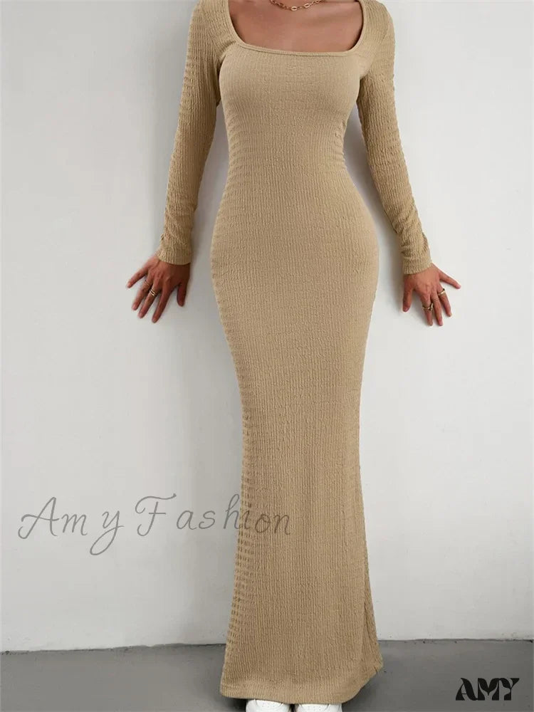 Amy Fashion - Elegant Women Knitted Sleeve Square Neck Solid Slim Fit Spring Autumn Cocktail Female