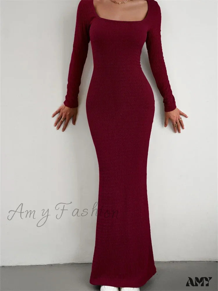 Amy Fashion - Elegant Women Knitted Sleeve Square Neck Solid Slim Fit Spring Autumn Cocktail Female