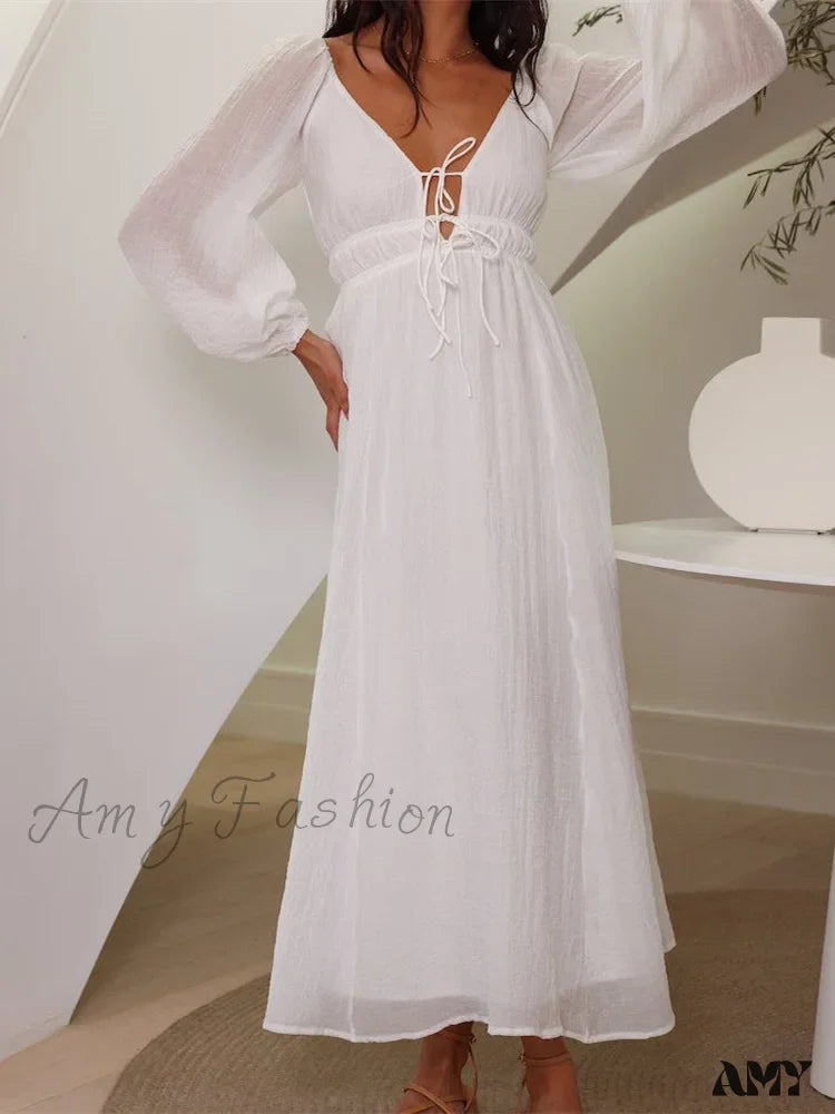 Amy Fashion - Elegant Women Mesh See Through Lantern Sleeve Deep V-Neck Solid White High Waist