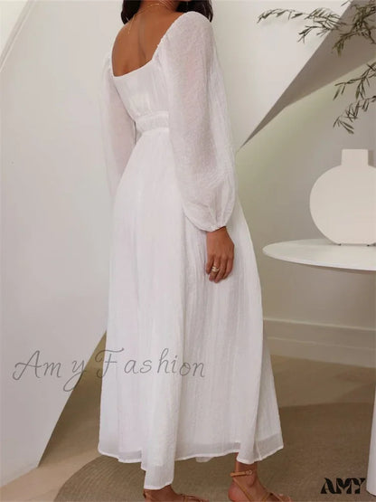 Amy Fashion - Elegant Women Mesh See Through Lantern Sleeve Deep V-Neck Solid White High Waist