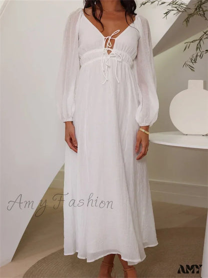 Amy Fashion - Elegant Women Mesh See Through Lantern Sleeve Deep V-Neck Solid White High Waist