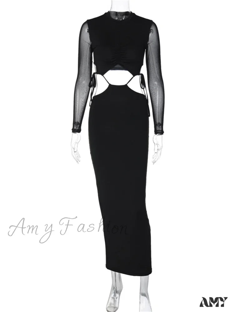 Amy Fashion - Elegant Women Mesh See Through Sleeve O-Neck Waist Hollow Out Tie-Up Cocktail Spring