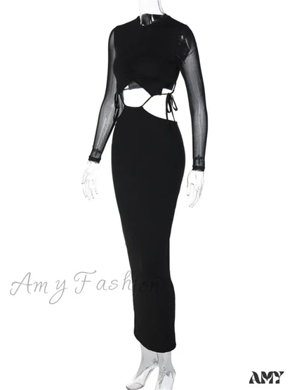 Amy Fashion - Elegant Women Mesh See Through Sleeve O-Neck Waist Hollow Out Tie-Up Cocktail Spring