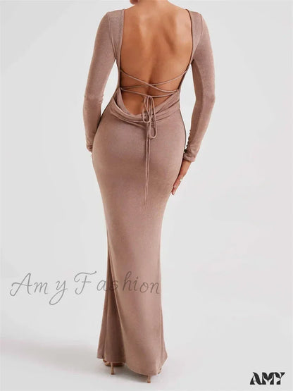 Amy Fashion - Elegant Women Party Backless Criss-Cross Tie-Up Bodycon Formal Club Sleeve Solid