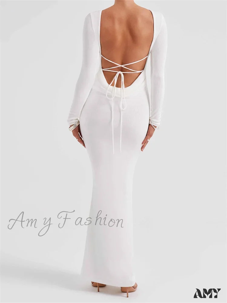 Amy Fashion - Elegant Women Party Backless Criss-Cross Tie-Up Bodycon Formal Club Sleeve Solid