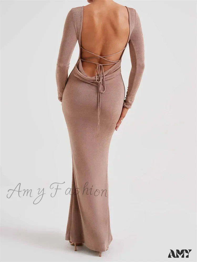 Amy Fashion - Elegant Women Party Backless Criss-Cross Tie-Up Bodycon Formal Club Sleeve Solid