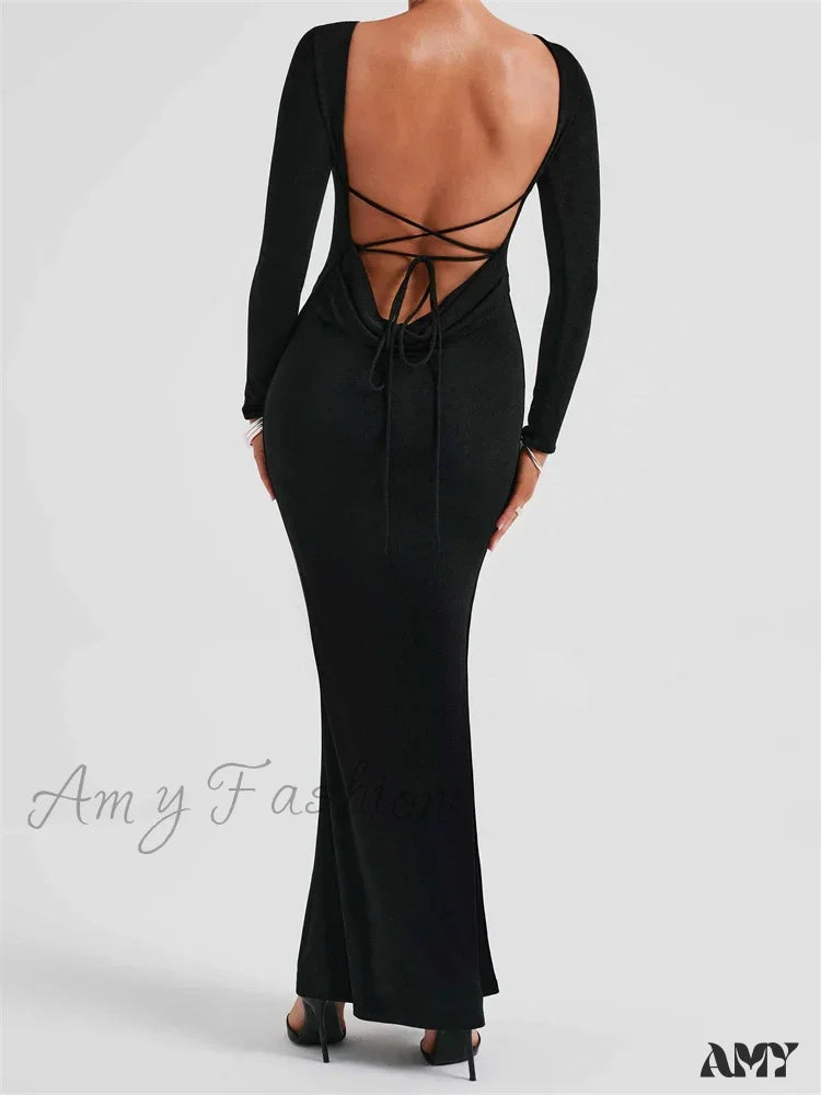 Amy Fashion - Elegant Women Party Backless Criss-Cross Tie-Up Bodycon Formal Club Sleeve Solid