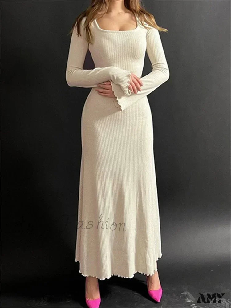 Amy Fashion - Elegant Women Ribbed Sleeve Square Neck Solid Slim Fit Fall Party Vestido Streetwear