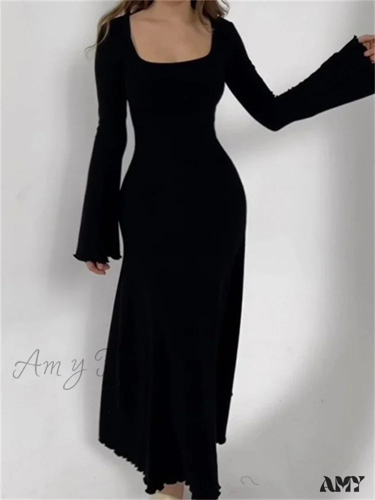 Amy Fashion - Elegant Women Ribbed Sleeve Square Neck Solid Slim Fit Fall Party Vestido Streetwear