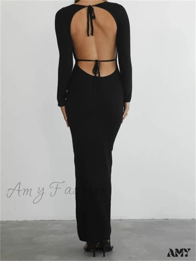 Amy Fashion - Elegant Women Round Neck Party Solid Color Sleeve Backless Tie Up Female Vestidos