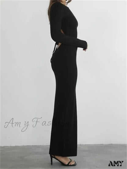 Amy Fashion - Elegant Women Round Neck Party Solid Color Sleeve Backless Tie Up Female Vestidos