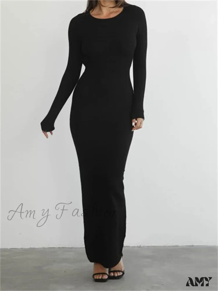 Amy Fashion - Elegant Women Round Neck Party Solid Color Sleeve Backless Tie Up Female Vestidos