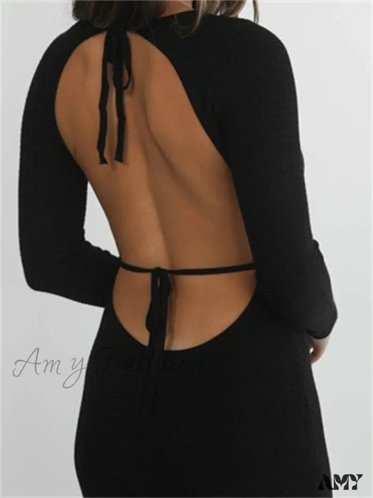 Amy Fashion - Elegant Women Round Neck Party Solid Color Sleeve Backless Tie Up Female Vestidos