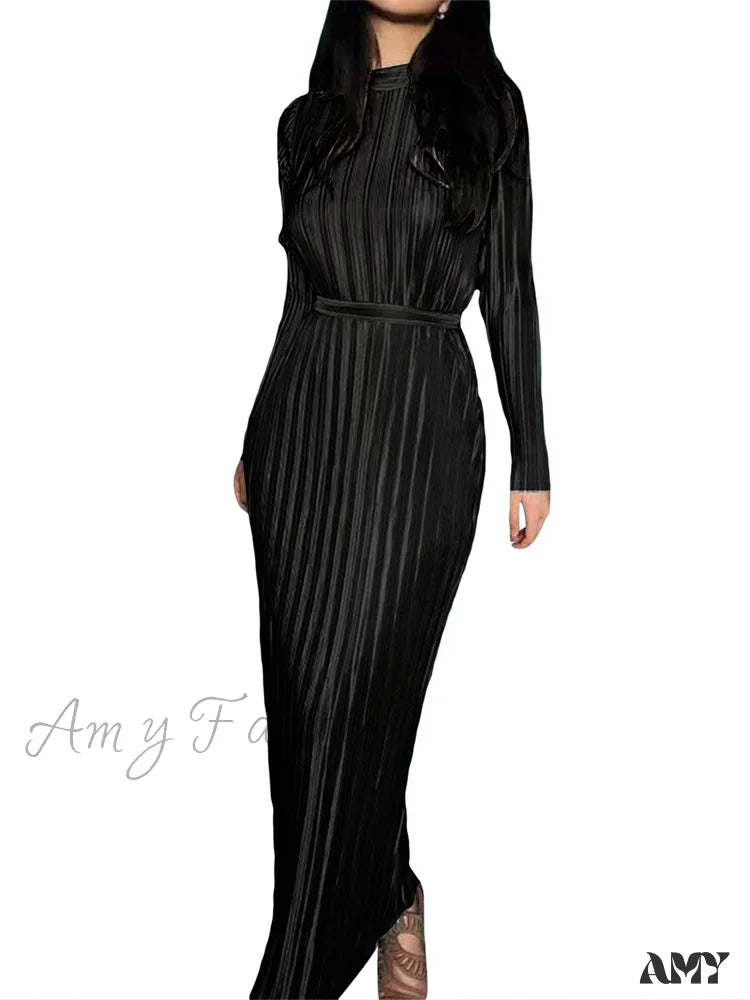 Amy Fashion - Elegant Women Ruched Spring Fall Solid Color Sleeve Half High Neck Tie Up Female