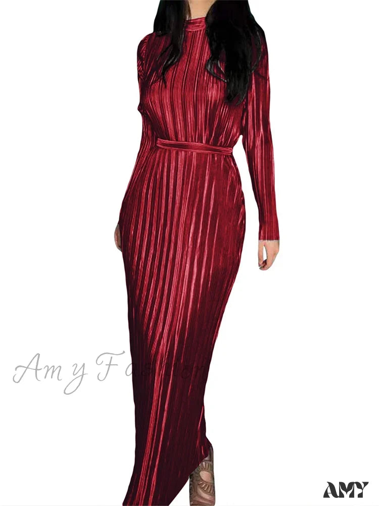 Amy Fashion - Elegant Women Ruched Spring Fall Solid Color Sleeve Half High Neck Tie Up Female