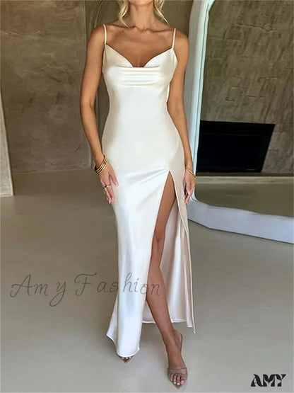 Amy Fashion - Elegant Women Satin V-Neck Low Cut Spaghetti Strap Backless Ruched High Split Party