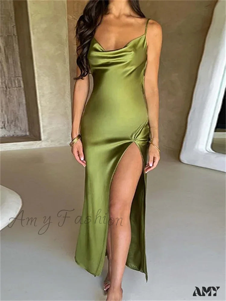 Amy Fashion - Elegant Women Satin V-Neck Low Cut Spaghetti Strap Backless Ruched High Split Party