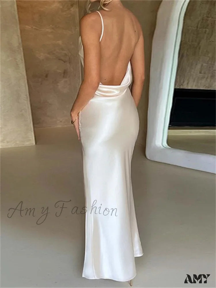 Amy Fashion - Elegant Women Satin V-Neck Low Cut Spaghetti Strap Backless Ruched High Split Party