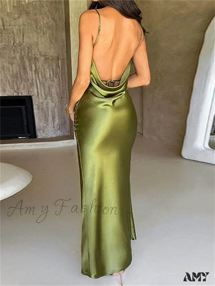 Amy Fashion - Elegant Women Satin V-Neck Low Cut Spaghetti Strap Backless Ruched High Split Party