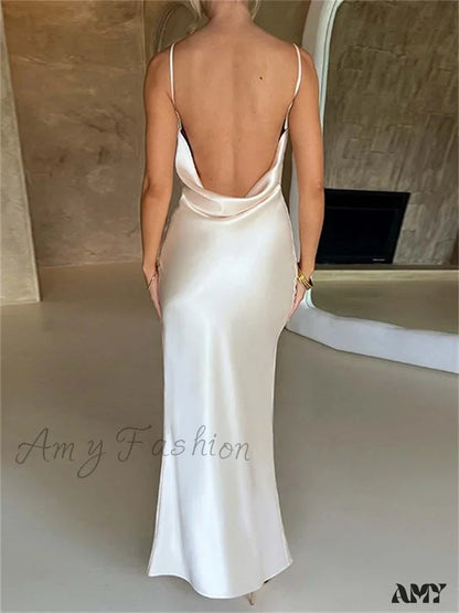 Amy Fashion - Elegant Women Satin V-Neck Low Cut Spaghetti Strap Backless Ruched High Split Party