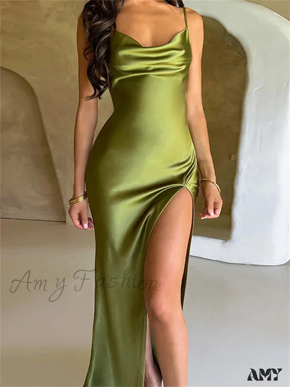 Amy Fashion - Elegant Women Satin V-Neck Low Cut Spaghetti Strap Backless Ruched High Split Party