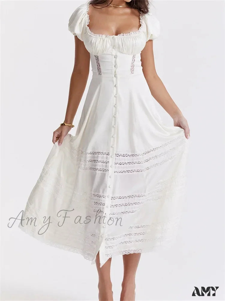 Amy Fashion - Elegant Women Short Sleeve Front Buttons Up Lace Hollow Out High Waist White Ol