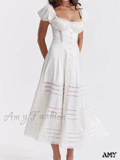 Amy Fashion - Elegant Women Short Sleeve Front Buttons Up Lace Hollow Out High Waist White Ol