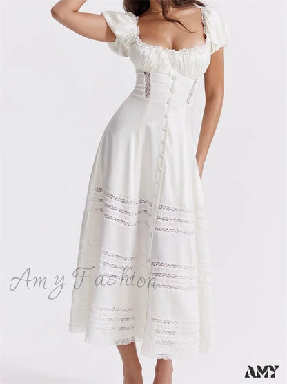 Amy Fashion - Elegant Women Short Sleeve Front Buttons Up Lace Hollow Out High Waist White Ol