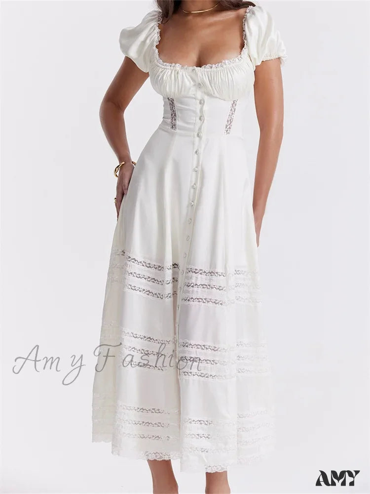 Amy Fashion - Elegant Women Short Sleeve Front Buttons Up Lace Hollow Out High Waist White Ol