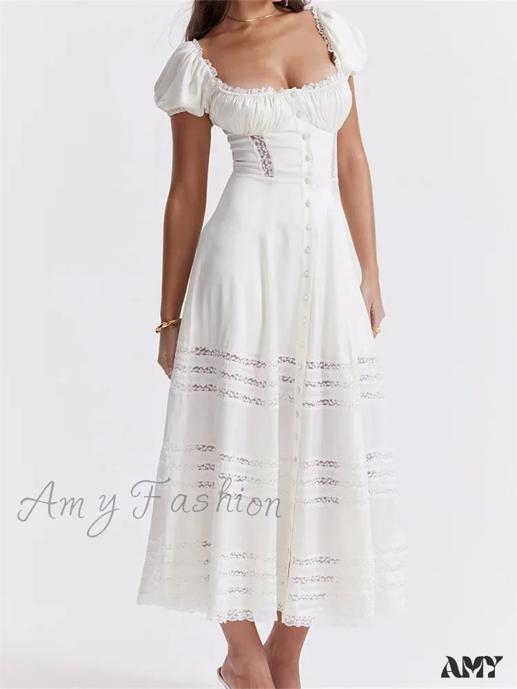 Amy Fashion - Elegant Women Short Sleeve Front Buttons Up Lace Hollow Out High Waist White Ol