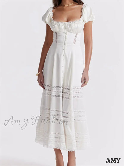 Amy Fashion - Elegant Women Short Sleeve Front Buttons Up Lace Hollow Out High Waist White Ol