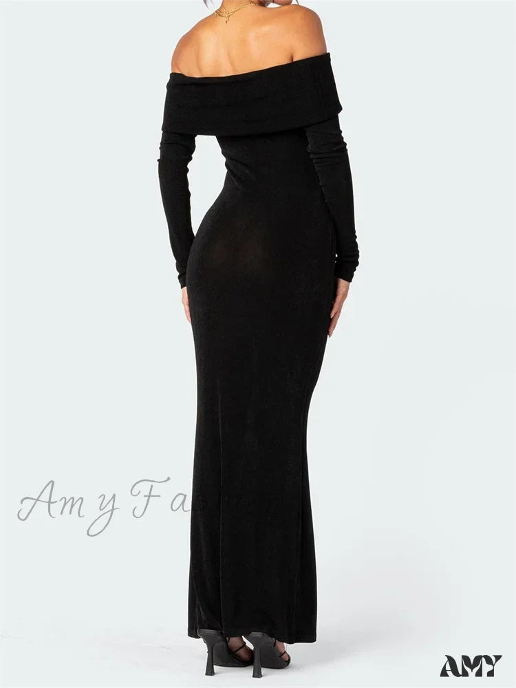 Amy Fashion - Elegant Women Slash Neck Off Shoulder Bodycon Black Solid Sleeve Party Formal Female