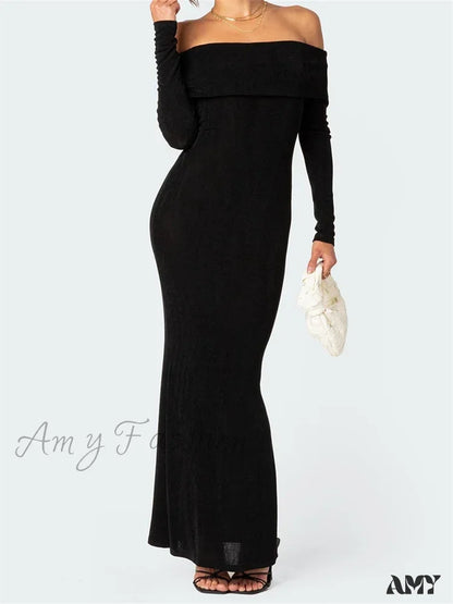 Amy Fashion - Elegant Women Slash Neck Off Shoulder Bodycon Black Solid Sleeve Party Formal Female