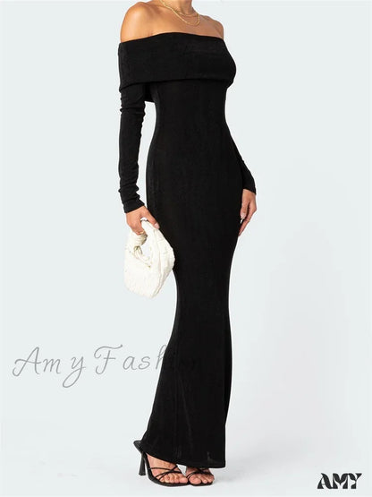 Amy Fashion - Elegant Women Slash Neck Off Shoulder Bodycon Black Solid Sleeve Party Formal Female