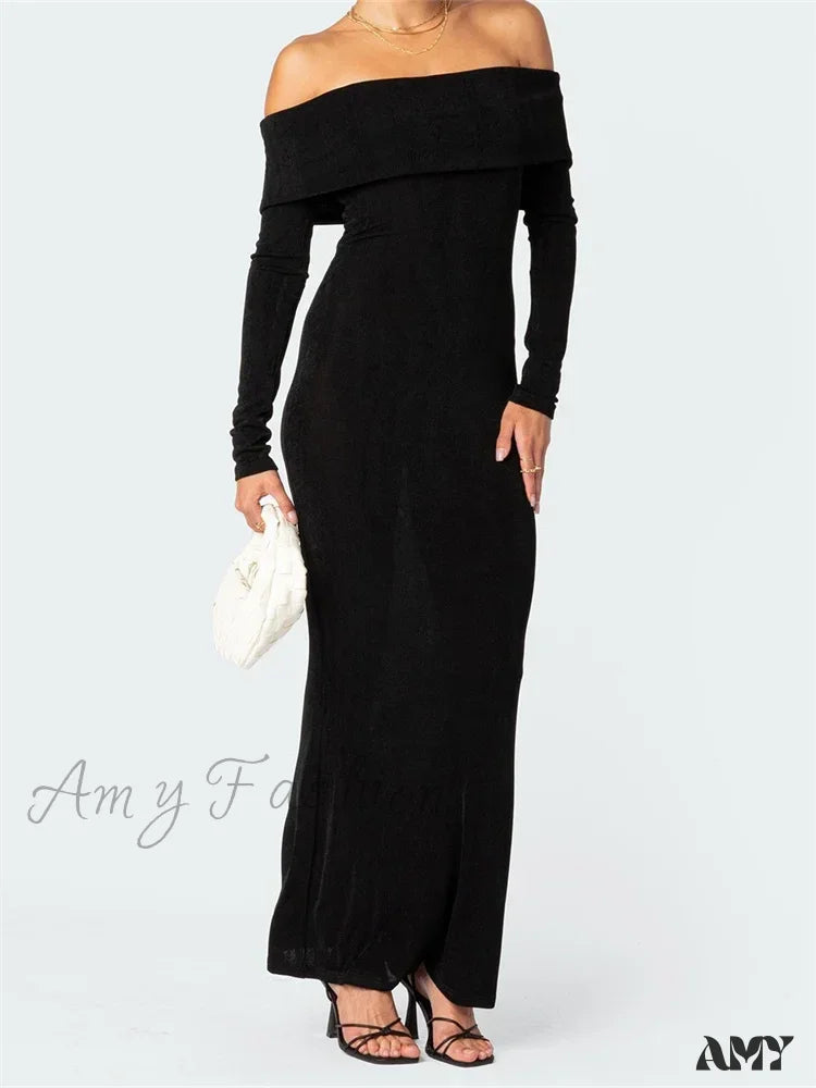 Amy Fashion - Elegant Women Slash Neck Off Shoulder Bodycon Black Solid Sleeve Party Formal Female