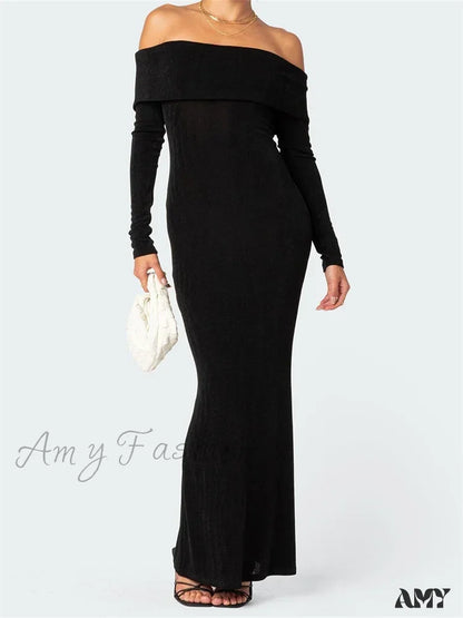 Amy Fashion - Elegant Women Slash Neck Off Shoulder Bodycon Black Solid Sleeve Party Formal Female