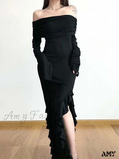 Amy Fashion - Elegant Women Slash Neck Off Shoulder Flare Sleeve Party Irregular Hem Ruffles Female