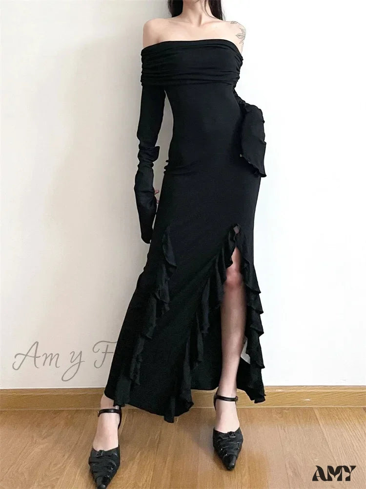 Amy Fashion - Elegant Women Slash Neck Off Shoulder Flare Sleeve Party Irregular Hem Ruffles Female