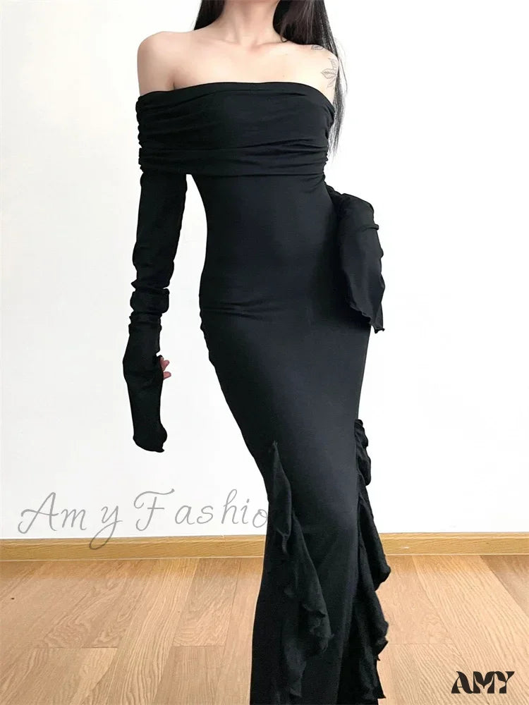 Amy Fashion - Elegant Women Slash Neck Off Shoulder Flare Sleeve Party Irregular Hem Ruffles Female