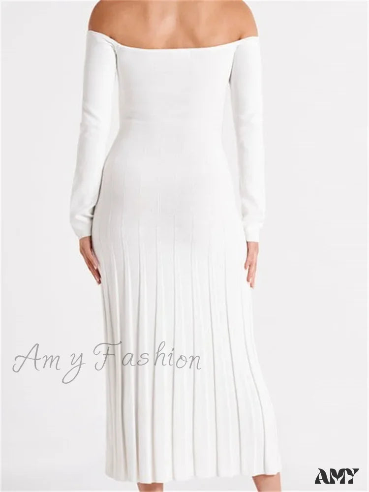 Amy Fashion - Elegant Women Slash Neck Off-Shoulder Solid Sleeve Backless Party Pleated Slim