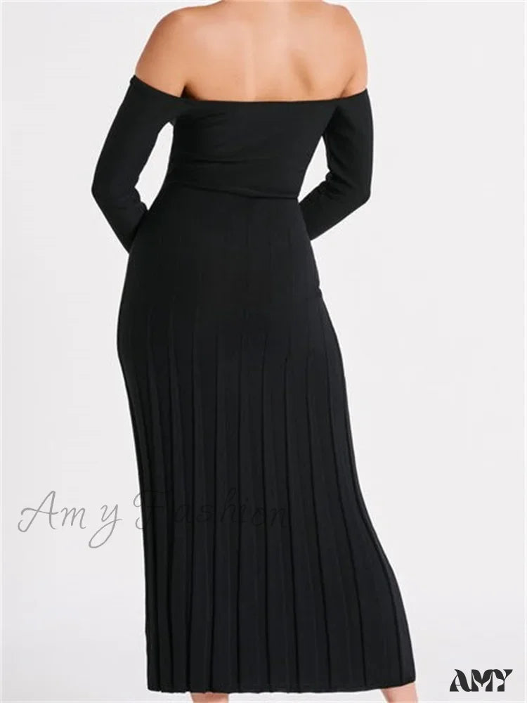 Amy Fashion - Elegant Women Slash Neck Off-Shoulder Solid Sleeve Backless Party Pleated Slim