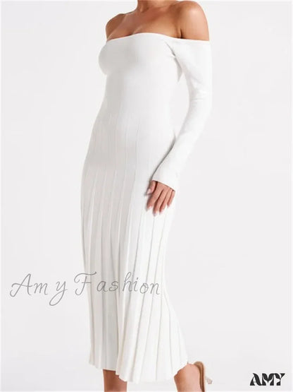 Amy Fashion - Elegant Women Slash Neck Off-Shoulder Solid Sleeve Backless Party Pleated Slim