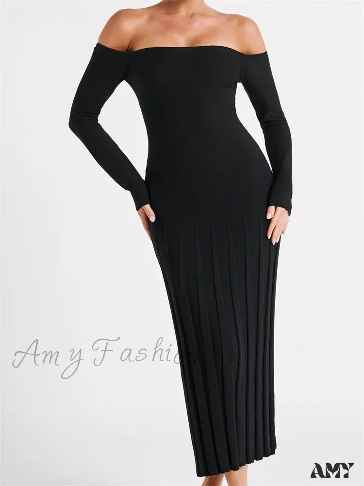 Amy Fashion - Elegant Women Slash Neck Off-Shoulder Solid Sleeve Backless Party Pleated Slim