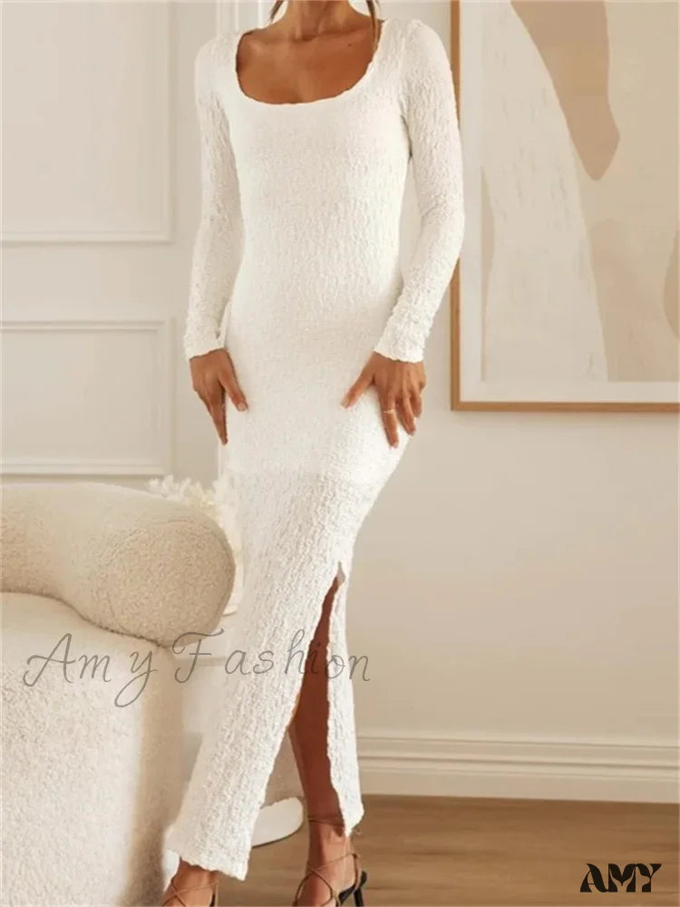 Amy Fashion - Elegant Women Sleeve Ruched Round Neck Low Cut Side High Split White Party Female