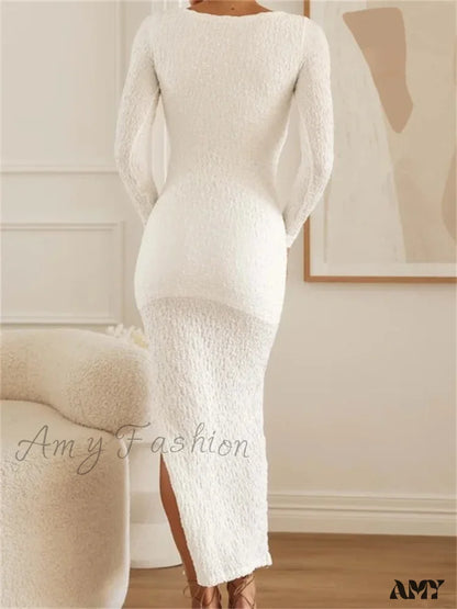 Amy Fashion - Elegant Women Sleeve Ruched Round Neck Low Cut Side High Split White Party Female