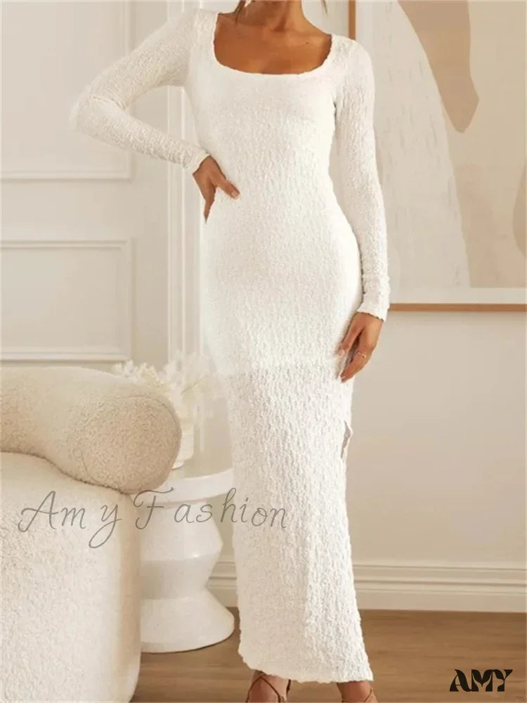 Amy Fashion - Elegant Women Sleeve Ruched Round Neck Low Cut Side High Split White Party Female